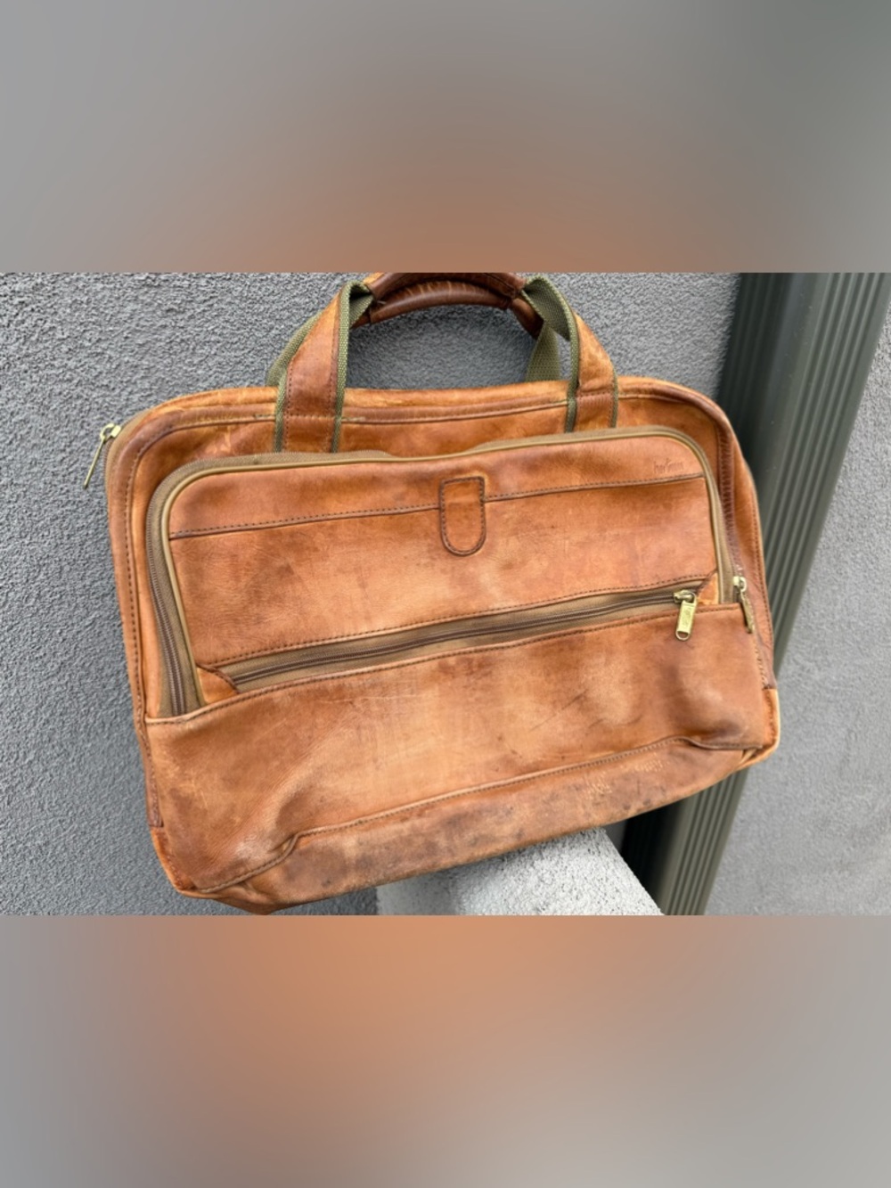 Hartmann Vintage Leather & Canvas Briefcase Laptop Bag Cognac Brown Distressed